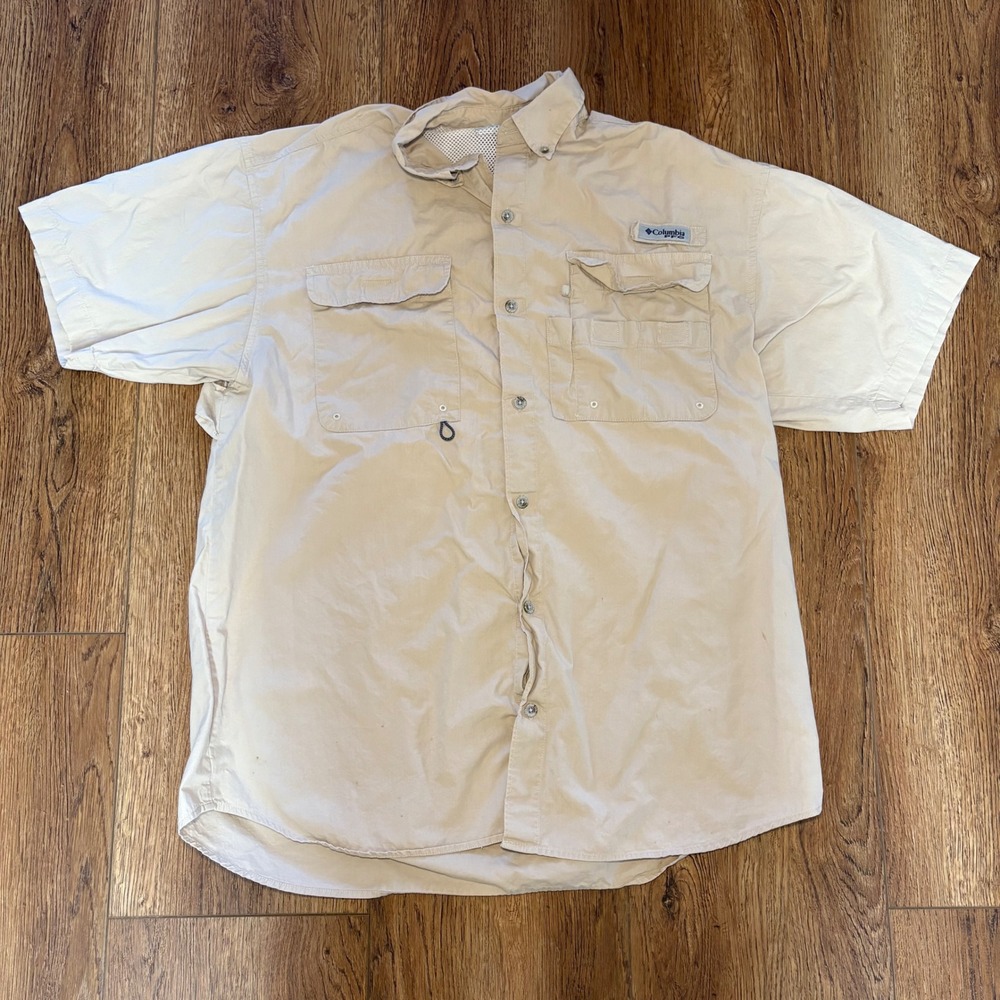 Columbia PFG Mens M Short Sleeve Fishing Shirt Tan Beige gorpcore lightweight